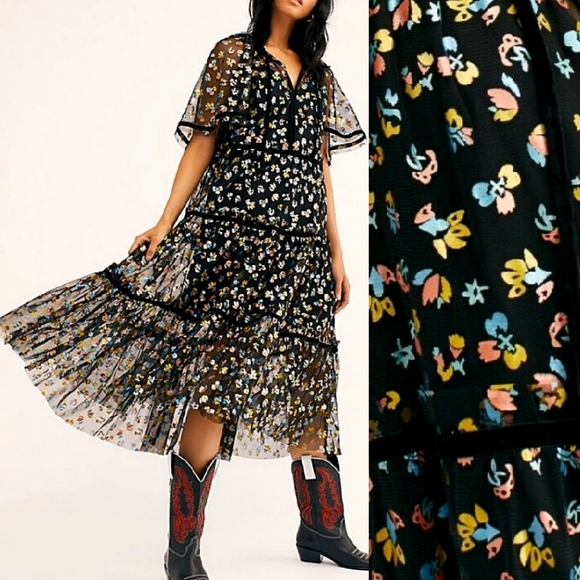 NWOT🌺 Free People Practical Magic Tiered Sheer Black Formal Maxi Dress, - Picture 3 of 10